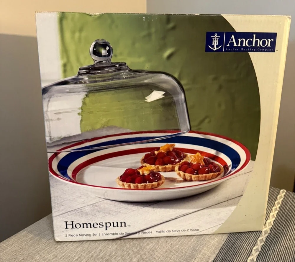 🇺🇸 Anchor Hocking Homespun 2-Piece Serving Set Red White Blue Glass Dome Plate